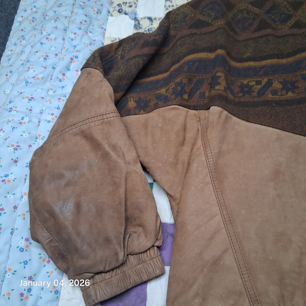 Vintage Winlit Leather & Wool Aztec Southwest Jacket Split Hood Parka Sz Small - Picture 8 of 16